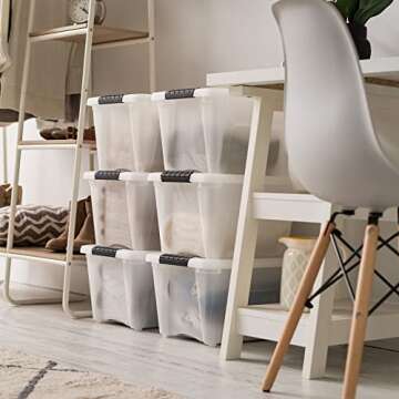 IRIS USA 19 QT Plastic Storage Box with Lid and Latches - 6 Pack - BPA-Free, Discreet Organizing Solution, Durable Nestable Stackable Containers, Secure Pull Handle - Pearl