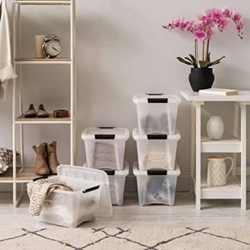 IRIS USA 19 QT Plastic Storage Box with Lid and Latches - 6 Pack - BPA-Free, Discreet Organizing Solution, Durable Nestable Stackable Containers, Secure Pull Handle - Pearl