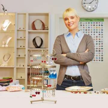 Flexzion 4 Tiers Earring Holder Organizer 72 pairs - Jewelry Necklace Rotating Spin Display Stand Bracelet Ring Pendants Tabletop Storage Store Rack Tower with Hook on Top (Antique Gold)