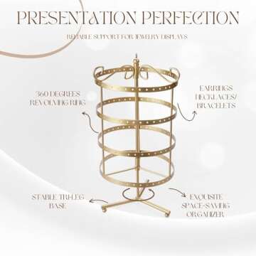 Flexzion 4 Tiers Earring Holder Organizer 72 pairs - Jewelry Necklace Rotating Spin Display Stand Bracelet Ring Pendants Tabletop Storage Store Rack Tower with Hook on Top (Antique Gold)