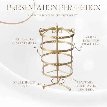 Flexzion 4 Tiers Earring Holder Organizer 72 pairs - Jewelry Necklace Rotating Spin Display Stand Bracelet Ring Pendants Tabletop Storage Store Rack Tower with Hook on Top (Antique Gold)