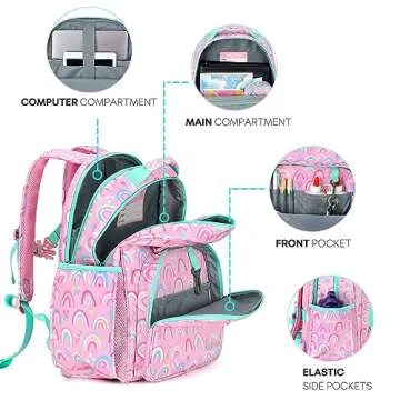 mibasies Backpack for Girls, Large Capacity Kids Backpack for Elementary School with Laptop Compartment（Rainbow）
