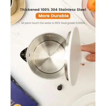 WTJMOV Electric Kettle Stainless Steel, 1.0L Small Water Boiler 1200W Fast Boiling, Double Wall Tea Kettle Pot Automatic Shut Off, Durable Coffee & Tea Maker/Warmer/Heater White