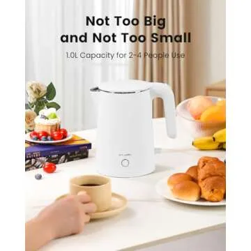 WTJMOV Electric Kettle Stainless Steel, 1.0L Small Water Boiler 1200W Fast Boiling, Double Wall Tea Kettle Pot Automatic Shut Off, Durable Coffee & Tea Maker/Warmer/Heater White