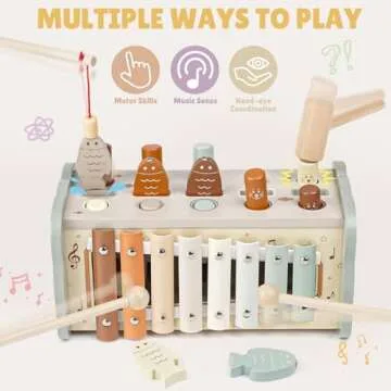 Joyreal Wooden Montessori Toys for 1 Year Old - Whack A Mole Hammering Pounding Toy with Xylophone & Fishing Game - Educational Toddler Activities for 1 2 3 Year Old Christmas Birthday Gifts