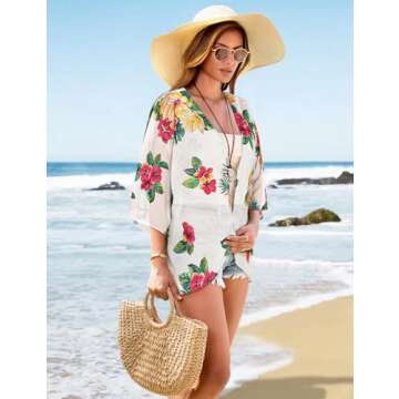 Women's Chiffon Kimono Cardigans Plus Size Summer Hawaiian Shirts Tops Tropical Outfits Luau Party Boho Beach Sheer Lightweight Shawls Wraps Floral White XX-Large