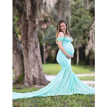 JustVH Maternity Off Shoulder Mermaid Chiffon Gown V Neck Maxi Photo Shoot Photography Dress for Baby Shower Photo Props