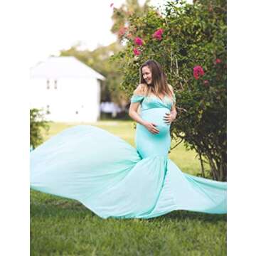 JustVH Maternity Off Shoulder Mermaid Chiffon Gown V Neck Maxi Photo Shoot Photography Dress for Baby Shower Photo Props