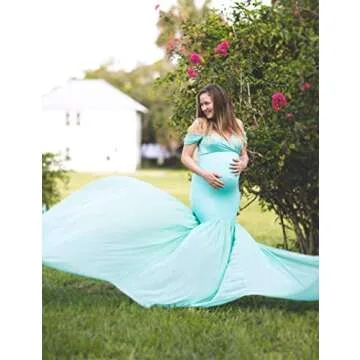 JustVH Maternity Off Shoulder Mermaid Chiffon Gown V Neck Maxi Photo Shoot Photography Dress for Baby Shower Photo Props