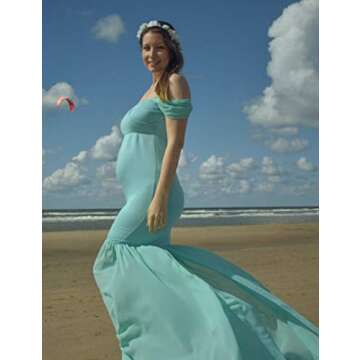 JustVH Maternity Off Shoulder Mermaid Chiffon Gown V Neck Maxi Photo Shoot Photography Dress for Baby Shower Photo Props