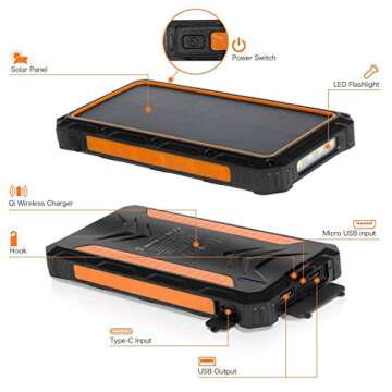 Solar Charger 20000mAh, Wireless Portable Solar Power Bank External Backup Battery, 3 Output Ports, 4 LED Flashlight, Carabiner, IP54 Rainproof for Camping, Outdoor Activities
