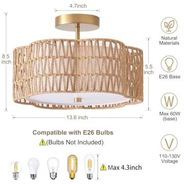 Giutna 13.6" Boho Light Fixtures Flush Mount, 3-Light Rattan Ceiling Light Fixtures Flush Mount Gold...