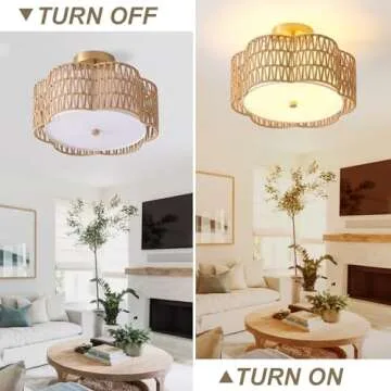 Giutna 13.6" Boho Light Fixtures Flush Mount, 3-Light Rattan Ceiling Light Fixtures Flush Mount Gold for Bedroom, Flower-Shaped Close to Ceiling Light Fixture for Hallway Kitchen Dining Room(Yellow)
