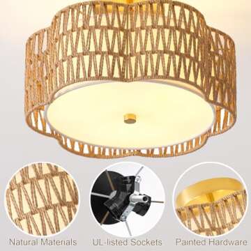 Giutna 13.6" Boho Light Fixtures Flush Mount, 3-Light Rattan Ceiling Light Fixtures Flush Mount Gold for Bedroom, Flower-Shaped Close to Ceiling Light Fixture for Hallway Kitchen Dining Room(Yellow)