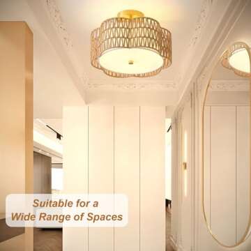 Giutna 13.6" Boho Light Fixtures Flush Mount, 3-Light Rattan Ceiling Light Fixtures Flush Mount Gold for Bedroom, Flower-Shaped Close to Ceiling Light Fixture for Hallway Kitchen Dining Room(Yellow)