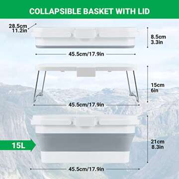 yETO YETO 15L Collapsible Sink Multi-Function Lid Foldable Picnic Basket Sturdy Handle Camping Wash ...