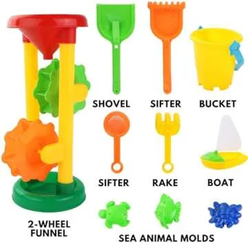 Liberty Imports Double Sand & Water Wheel Tower Beach Toy Set w/Built-in Funnel, Sieve, Bucket, Shovel, Rake, Animal Molds for Kids, Toddlers Play