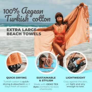 Nova Blue (37 x 69) - Orange Zigzag Beach Towel, 100% Turkish Cotton - Sand Resistant Beach Towels w...