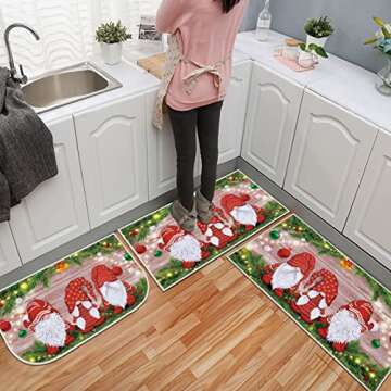 Merry Christmas Kitchen Mat Set of 3, Non Slip Xmas Winter Holiday Kitchen Floor Rugs, Comfort Carpet for Hallway Entryway Door Bathroom Laundry Christmas Holiday Decoration 18x30+18x30DShape+20x40B