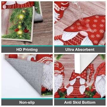 Merry Christmas Kitchen Mat Set of 3, Non Slip Xmas Winter Holiday Kitchen Floor Rugs, Comfort Carpet for Hallway Entryway Door Bathroom Laundry Christmas Holiday Decoration 18x30+18x30DShape+20x40B