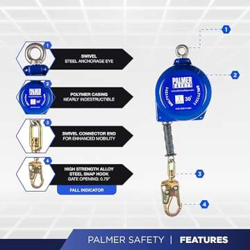 Palmer Safety SRD 30 FT. Self Retracting Lifeline I ANSI Z359.14-2021 Class 1 I SRL Device Swivel To...