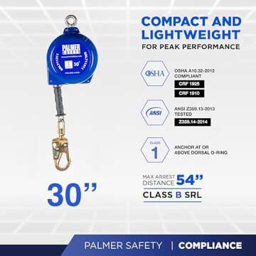 Palmer Safety SRD 30 FT. Self Retracting Lifeline I ANSI Z359.14-2021 Class 1 I SRL Device Swivel Top Galvanized Cable w/Small Steel Snap Hook I Fall Arrest Safety Yoyo