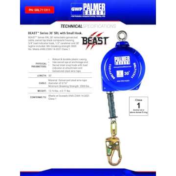 Palmer Safety SRD 30 FT. Self Retracting Lifeline I ANSI Z359.14-2021 Class 1 I SRL Device Swivel Top Galvanized Cable w/Small Steel Snap Hook I Fall Arrest Safety Yoyo