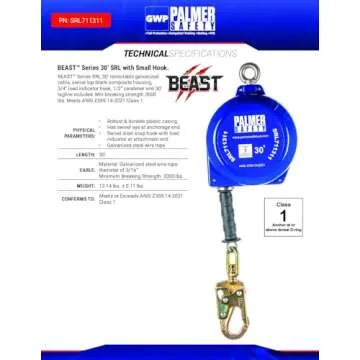 Palmer Safety SRD 30 FT. Self Retracting Lifeline I ANSI Z359.14-2021 Class 1 I SRL Device Swivel Top Galvanized Cable w/Small Steel Snap Hook I Fall Arrest Safety Yoyo