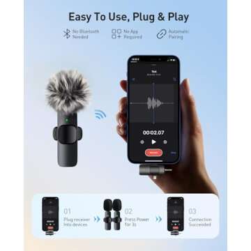 MENERESAS 3-in-1 Mini Microphone for iPhone: Wireless Lavalier Microphones for iOS/Android/Camera - ...