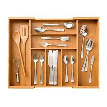 Seville Classics Bamboo Premium Organizer Storage Bins for Kitchen Silverware, Pantry, Closet Office Desk, Pens, Utensils, Makeup, K Cup, Expandable Tray (7 Compartment)