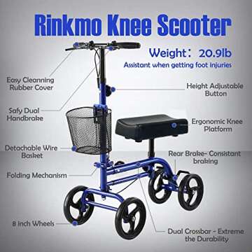 RINKMO Economy Knee Scooter Steerable Knee Walker All-Terrain Foldable Knee Scooters for Foot Injuries Best Crutch Alternative with Dual Braking System Blue