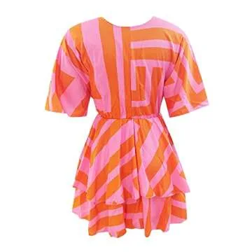 Plus Size Maxi Dress, Dress Romper with Pockets and Shorts Reformation Dress Vacation Outfits for Women, Women's V-Neck Loose Batwing Sleeve Elastic Waist Printed Dress Mini Con (XL, Orange)