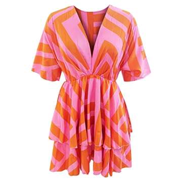 Plus Size Maxi Dress, Dress Romper with Pockets and Shorts Reformation Dress Vacation Outfits for Women, Women's V-Neck Loose Batwing Sleeve Elastic Waist Printed Dress Mini Con (XL, Orange)