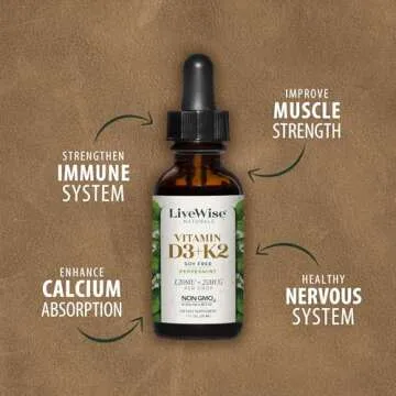 Vitamin D3 with K2 Liquid Drops, All Natural, Non GMO, 1208IU D3 and 25mcg K2 (MK7) Per Serving, Support Your Bones, Immune System and Energy Levels, with or Without Peppermint Oil…