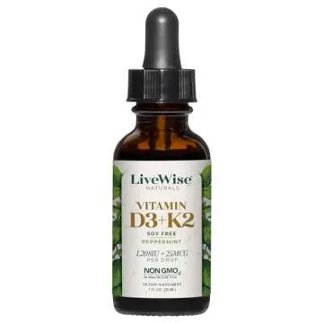 Vitamin D3 with K2 Liquid Drops, All Natural, Non GMO, 1208IU D3 and 25mcg K2 (MK7) Per Serving, Support Your Bones, Immune System and Energy Levels, with or Without Peppermint Oil…