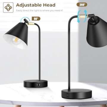 Industrial Dimmable Desk Lamp with 2 USB Charging Ports AC Outlet, Touch Control Bedside Nightstand ...