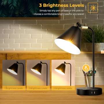 Industrial Dimmable Desk Lamp with 2 USB Charging Ports AC Outlet, Touch Control Bedside Nightstand Reading Lamp Flexible Head, Black Metal Table Lamp for Bedroom Office Living Room, Bulb Included