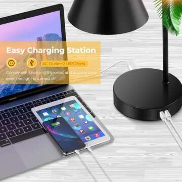 Industrial Dimmable Desk Lamp with 2 USB Charging Ports AC Outlet, Touch Control Bedside Nightstand Reading Lamp Flexible Head, Black Metal Table Lamp for Bedroom Office Living Room, Bulb Included