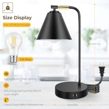 Industrial Dimmable Desk Lamp with 2 USB Charging Ports AC Outlet, Touch Control Bedside Nightstand Reading Lamp Flexible Head, Black Metal Table Lamp for Bedroom Office Living Room, Bulb Included