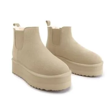 Athlefit Women's Genuine Suede Chelsea Mini Platform Boots Winter Warm Fur Fleece Lined Anti-Slip Ankle Snow Boots for Indoor Outdoor Sand Size 11