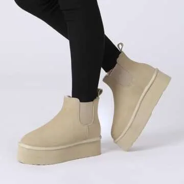 Athlefit Women's Genuine Suede Chelsea Mini Platform Boots Winter Warm Fur Fleece Lined Anti-Slip Ankle Snow Boots for Indoor Outdoor Sand Size 11