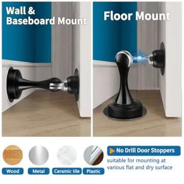 Door Stops 2 Pack, Magnetic Door Stoppers, Heavy Duty Stainless Steel, Magnetic Door Catch Door Holders for Wall Floor Mount, Double-Sided Adhesive Tape, No Need to Drill, Black