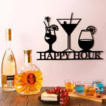 Funrous Bar Signs Wall Decor Happy Hour Sign Art Metal Bar Decorations Vintage Drinks Sign Decorative Drink Bar Sign Plaques for Home Bar Open Pub Decor(Black)