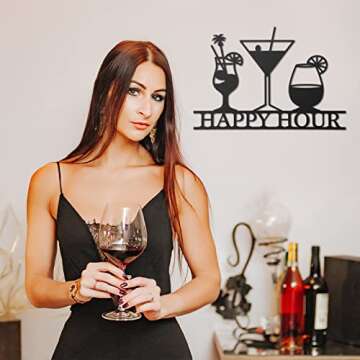 Funrous Bar Signs Wall Decor Happy Hour Sign Art Metal Bar Decorations Vintage Drinks Sign Decorative Drink Bar Sign Plaques for Home Bar Open Pub Decor(Black)