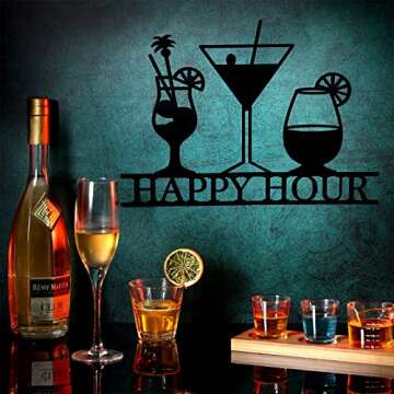 Funrous Bar Signs Wall Decor Happy Hour Sign Art Metal Bar Decorations Vintage Drinks Sign Decorative Drink Bar Sign Plaques for Home Bar Open Pub Decor(Black)