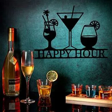 Funrous Bar Signs Wall Decor Happy Hour Sign Art Metal Bar Decorations Vintage Drinks Sign Decorative Drink Bar Sign Plaques for Home Bar Open Pub Decor(Black)