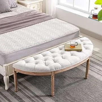 DM Furniture 55" Halfmoon Entryway Bench Tufted Semi Circle Ottoman Bench Seat French Style Upholstered Bed End Bench for Foyer Mudroom Bedroom, Beige