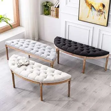 DM Furniture 55" Halfmoon Entryway Bench Tufted Semi Circle Ottoman Bench Seat French Style Upholstered Bed End Bench for Foyer Mudroom Bedroom, Beige