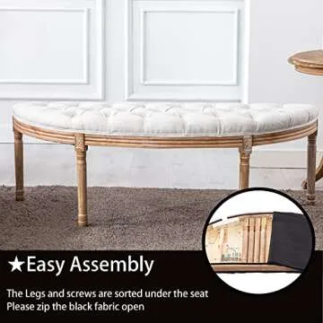 DM Furniture 55" Halfmoon Entryway Bench Tufted Semi Circle Ottoman Bench Seat French Style Upholstered Bed End Bench for Foyer Mudroom Bedroom, Beige