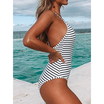 CUPSHE Women's One Piece Swimsuit Striped Scoop Neck Cross Back Beach Swimwear Bathing Suits L